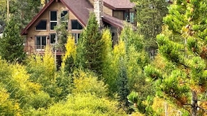 A two-story log cabin with a stone chimney, surrounded by dense forest. - One of the Most Desirable Properties in the Winter Park / Fraser Valley (Tabernash)