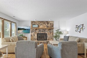 A living room with a stone fireplace, two sofas, a TV, and a plant.