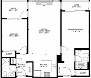 A floor plan with a living/dining room, primary bedroom, patio, and kitchen. - Greystone Lodge 109 Ski-in/Out by Acer Vacations (Whistler)