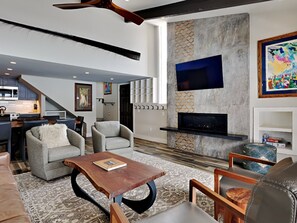 TV, fireplace, DVD player, video library