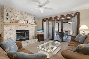 Flat-screen TV, fireplace, DVD player
