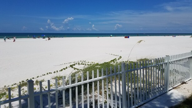 A beach with a white fence in the foreground, a clear blue sky, and a calm sea.