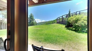 A view through a glass door of a grassy outdoor area with a metal fence, trees, and a clear sky. - 🌲Timberline 116 Studio Deluxe ~ Hot Tub~Pool~WiFi~Ski-in/out~Local Shuttle🌲 (Snowmass Village)