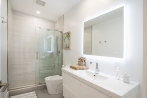 Shower, free toiletries, hair dryer, towels