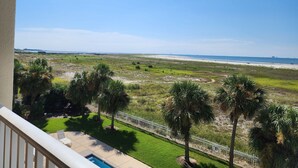 Blick von einem Balkon auf einen Strand mit einem Zaun, Palmen und einem klaren Himmel.
