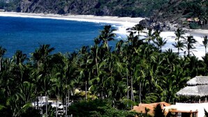 A coastal view with a beach, palm trees, and a thatched-roof building. - Private Dipping Pool. Ocean Views. (Casita #4) (Sayulita)