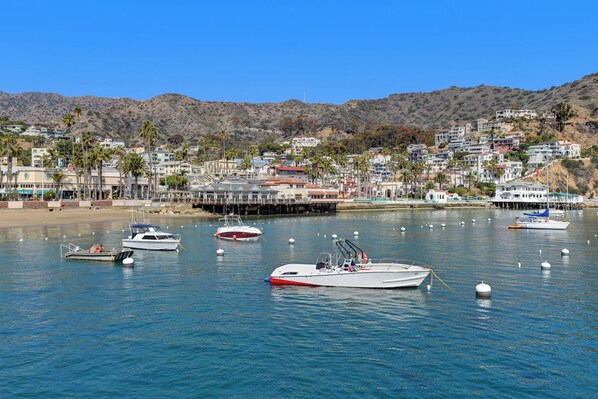 A coastal marina with several boats docked, a pier extending into the water, and a hillside with residential buildings.