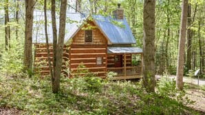 Una cabaña de troncos con porche, rodeada de un bosque denso.