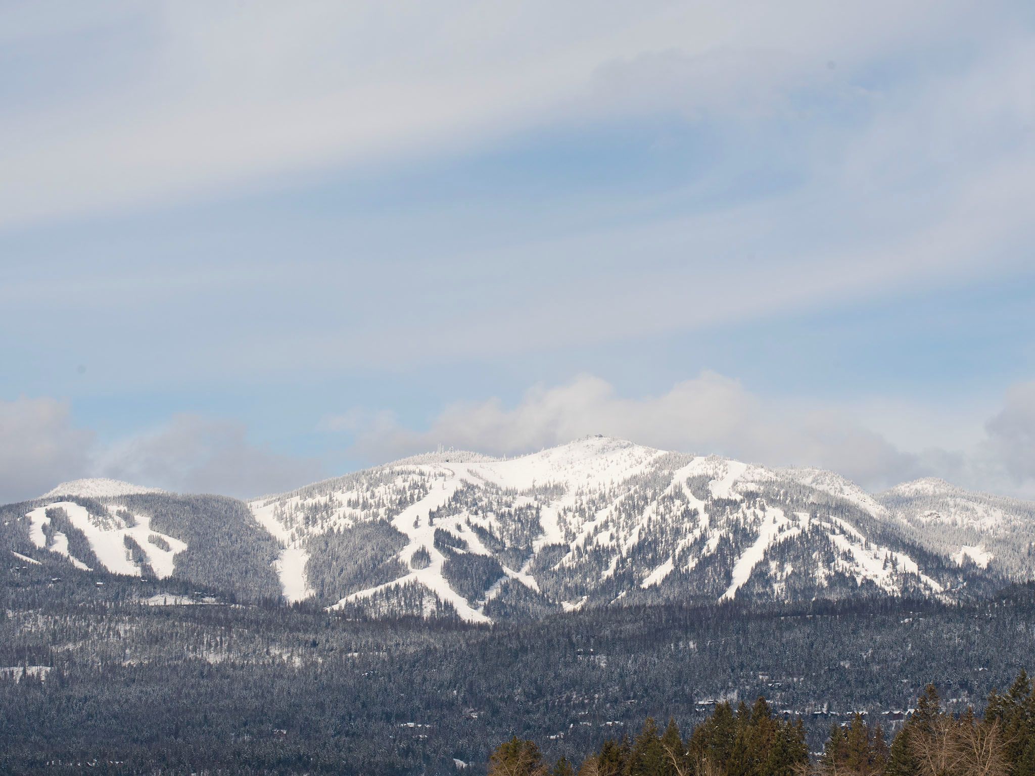 A mountain range with snow-covered slopes and a forested valley.