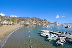 Enjoy waterfront views of boats docked along the shoreline, adjacent to a sandy beach.