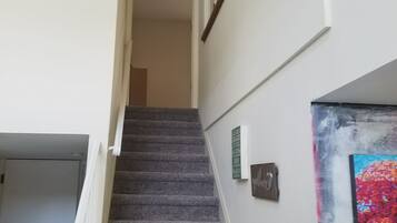 A staircase with carpeted steps leading to a landing.
