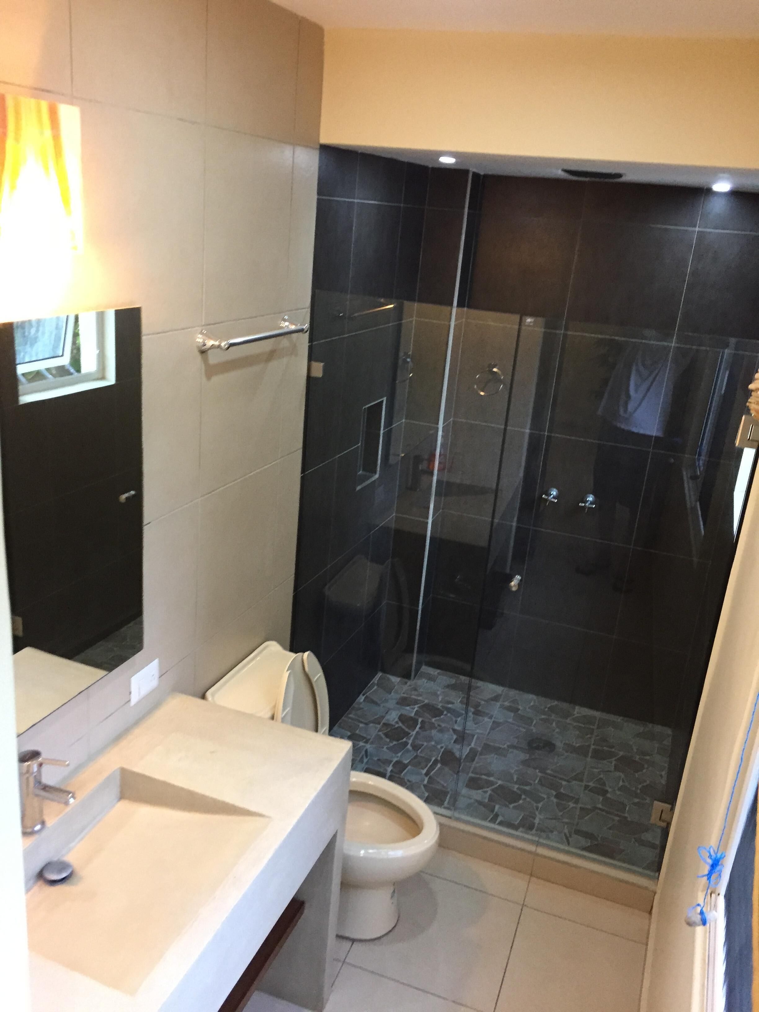 A modern bathroom with a glass-enclosed shower, a toilet, and a sink.