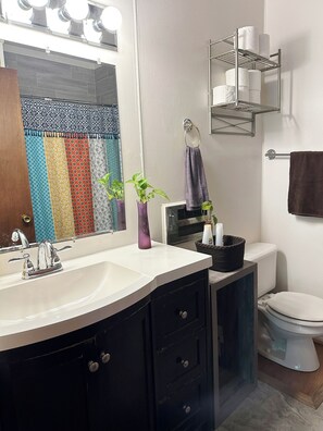 Une salle de bain avec un lavabo blanc, des meubles noirs, un miroir avec éclairage intégré, des toilettes et un porte-serviettes.