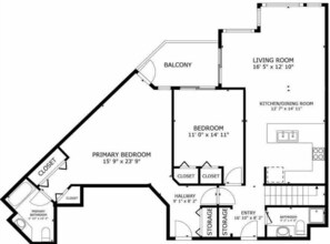 Un plan d’étage comprenant une chambre principale, une chambre d’appoint, un salon, une cuisine, une salle de bain et un balcon.