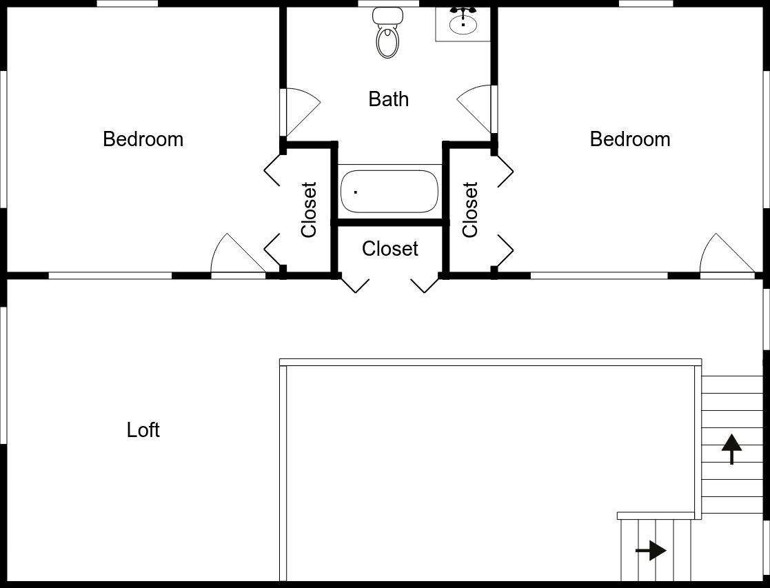 A floor plan with two bedrooms, a bathroom, and a loft.