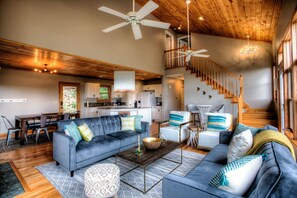 Televisión, chimenea y libros 