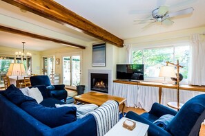 Televisión, chimenea y libros 