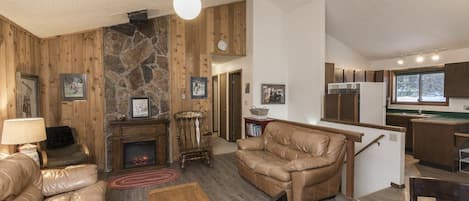 Televisión, chimenea y libros