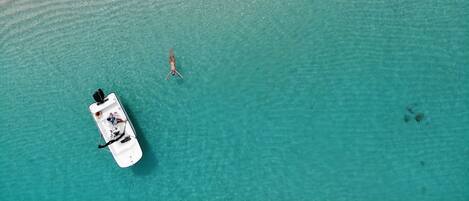An aerial view of a beach with clear turquoise water, a boat, and a person swimming.
