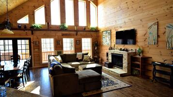 Smart TV, fireplace, books