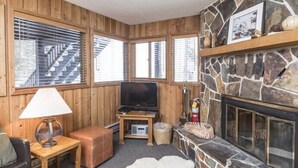 Une pièce chaleureuse avec des murs en bois, une cheminée en pierre, un téléviseur et une fenêtre équipée de stores.