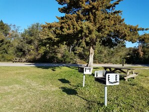 A picnic area with benches and picnic tables, surrounded by trees and a clear sky.