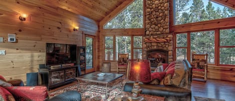 Télévision, cheminée, chaîne hi-fi