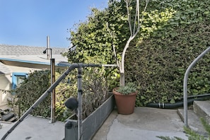 Staircase leads to a serene outdoor space with a potted succulent and lush greenery.