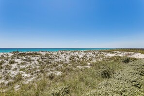 Ein Strand mit weißem Sand, vereinzelter Vegetation, blauem Himmel und einem hölzernen Zaun in der Ferne.