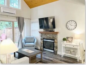 Smart TV, fireplace, books
