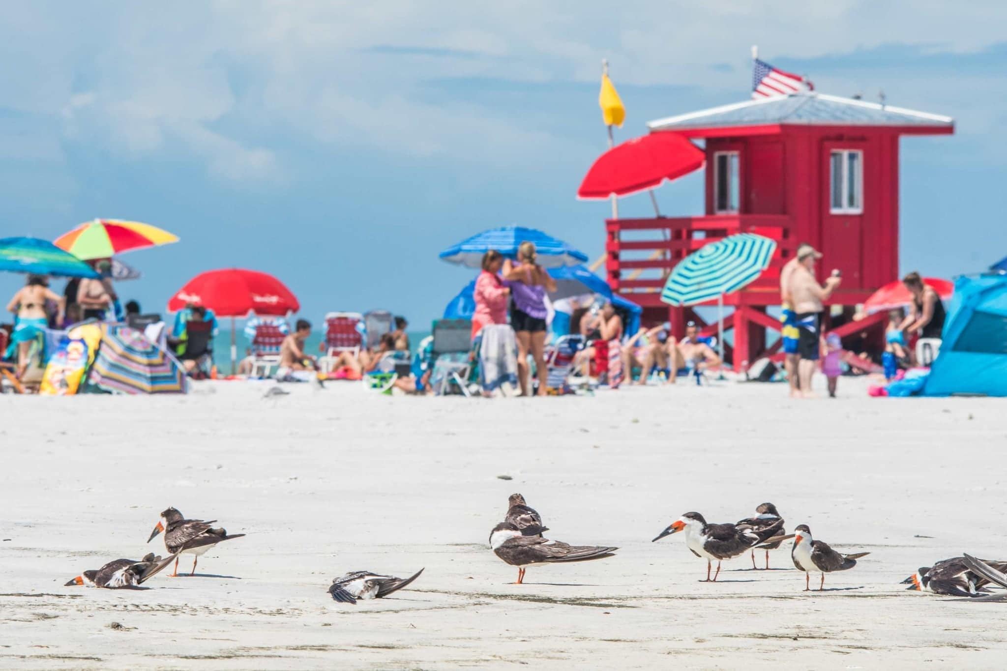 Een strand met een bewakingspost, parasols en mensen.