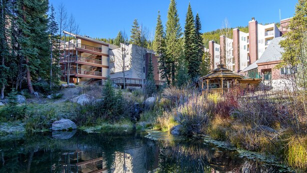 Un resort con un estanque, rodeado de árboles y edificios con balcones.