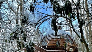 A snow-covered wooden cabin with a wooden deck and a staircase leading to the entrance. - Unique Handcrafted Geodesic Dome w/2 Fire Pits & Hot Tub – 40+ Private Acres (Grassy Creek)