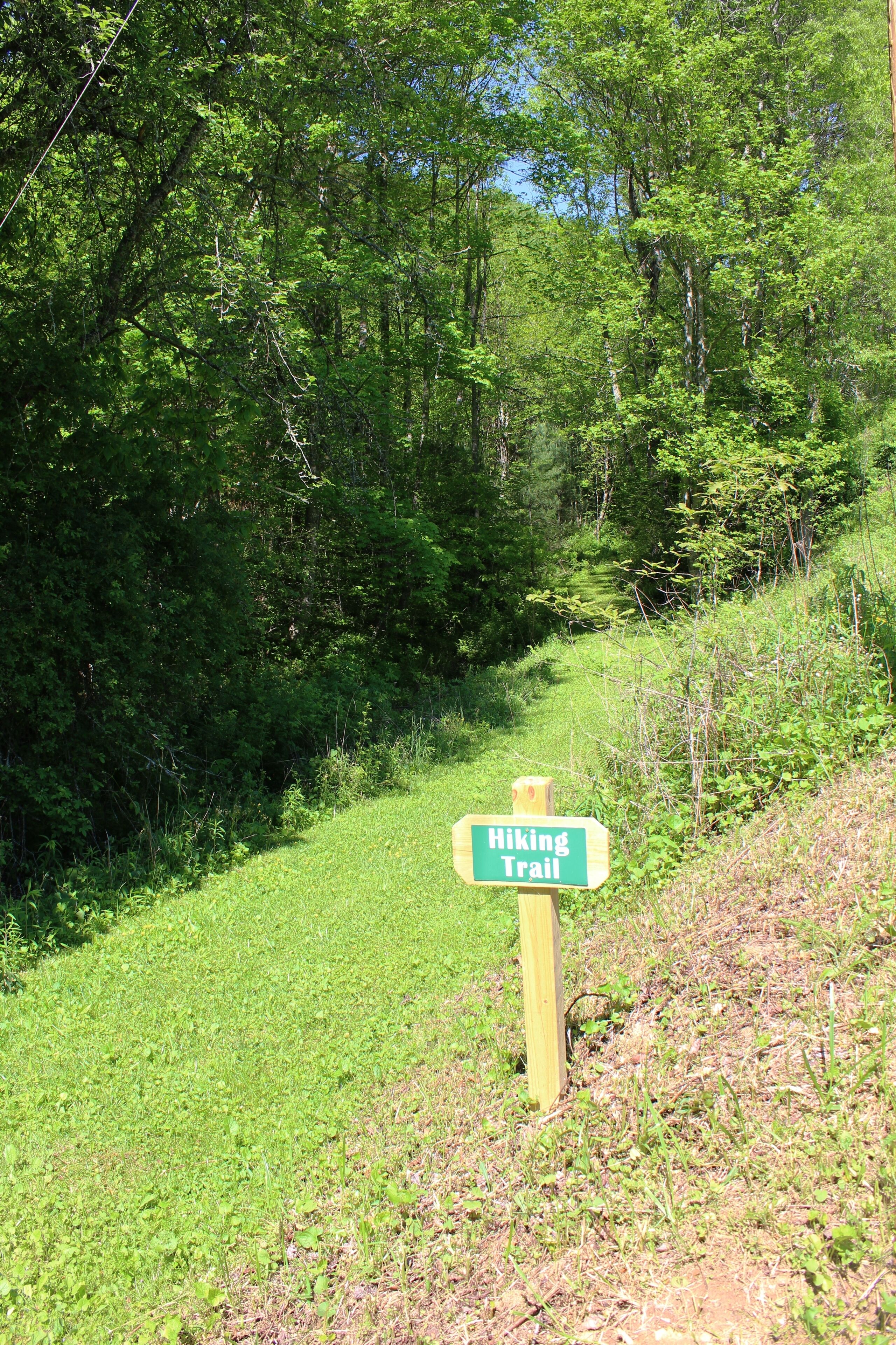 A hiking trail sign in a wooded area.