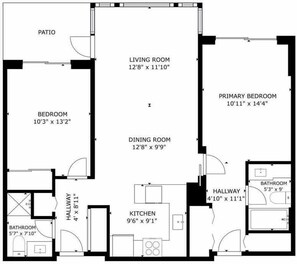 A floor plan with a living room, dining room, kitchen, two bedrooms, a bathroom, and a patio.