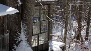 Une cabane en bois avec une fenêtre en verre, entourée d’arbres couverts de neige.