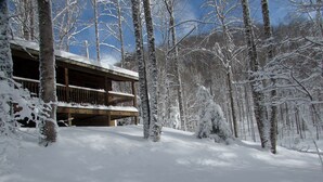 Une cabane en bois dotée d’un balcon, entourée d’arbres couverts de neige.