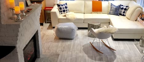 Télévision, cheminée, chaîne hi-fi