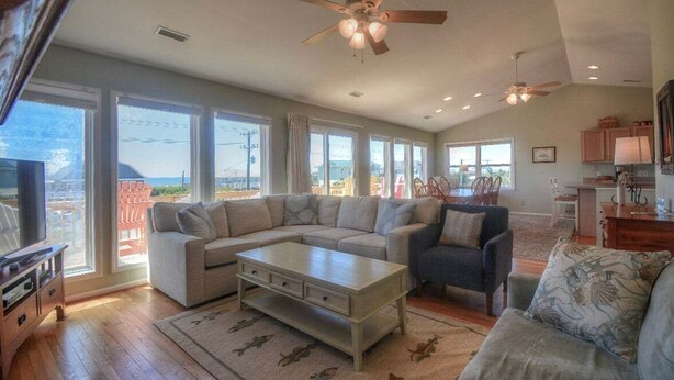 Living area - Discover ocean views at Moonlighting, a spacious 4-bedroom home in Topsail Beach! (Topsail Beach)