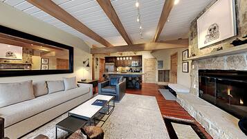 Televisión, chimenea, reproductor de DVD y videoteca