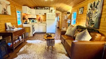 A cozy cabin interior with a living room, kitchen, and a dining area.