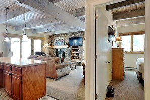 TV, fireplace, DVD player, video library