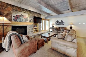 TV, fireplace, DVD player, video library