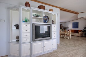 TV, caminetto, libri