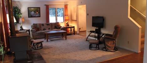 Smart TV, fireplace, books