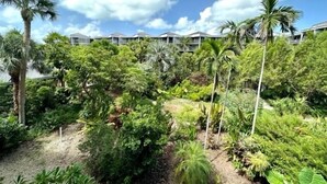 Un jardín exuberante con diversas plantas tropicales y palmeras, que conduce a un edificio con múltiples balcones.
