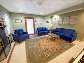 TV, fireplace, books