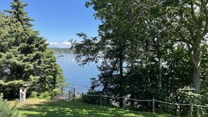 Una vista tranquila de un lago con un muelle de madera que conduce a una zona cubierta de césped, rodeado de árboles frondosos y un cielo azul despejado.