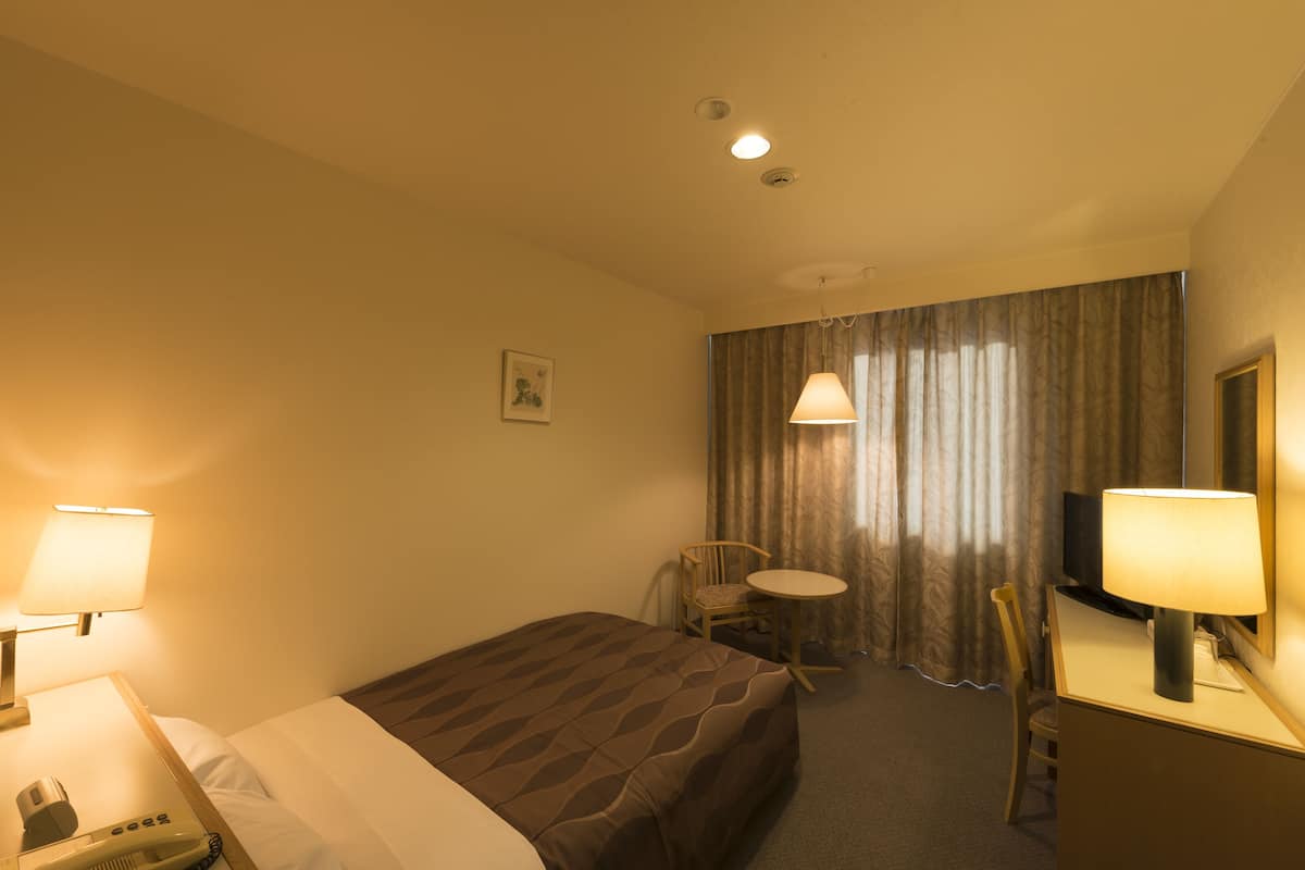 Habitación de hotel con cama, mesita de noche, lámpara, silla, escritorio y televisor.