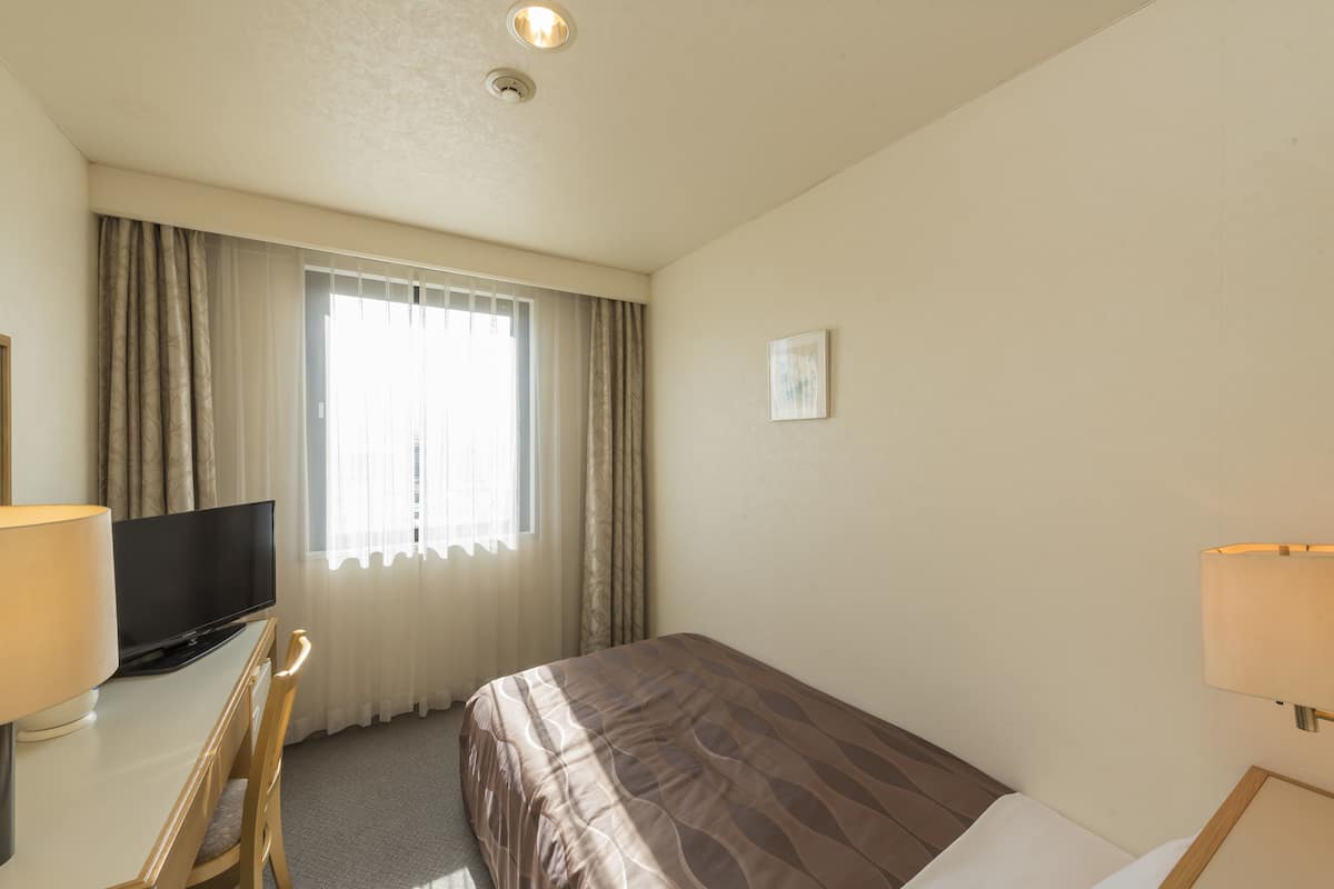 Habitación de hotel con cama, escritorio con televisor, silla y ventana con cortinas.